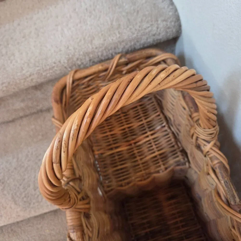 Heritage Stair Step Rattan Basket Hand Woven Wicker Rustic Cottage VTG Country
